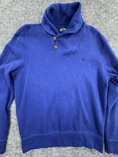 Polo Ralph Lauren Sweater Men  s Medium Blue Shawl Collar Button 100 Cotton Pony