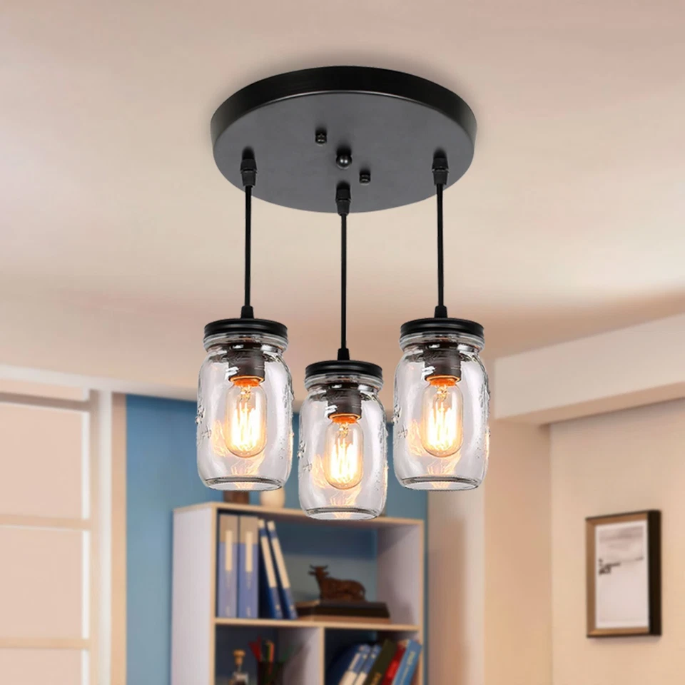 Farmhouse Glass Mason Jar Light Fixture Adjustable Kitchen Island Pendant Light - Image 2 of 4
