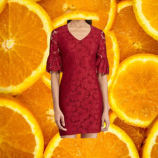 Chaps Maroon Floral Lace Dress with Bell Sleeves Size 8