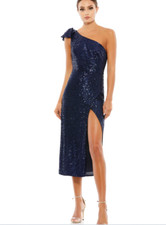 Mac Duggal SEQUINED ONE SHOULDER BOW MIDI DRESS BLUE SIZE 10 (26689)