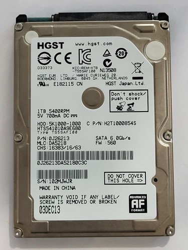 HTS541010A9E680, PN: 0J26213, MLC: DA5218, 03 DEC 13, HGST 1Tb 2.5" HDD - 第 1/2 張圖片