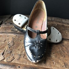 Girls Mary Jane Tap Dance Shoes Black Leather 1940s 1950s Super B H-3 Vintage