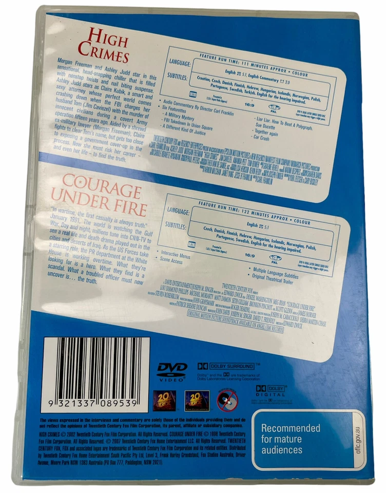 High Crimes & Courage Under Fire Judd Freeman Washington Ryan 2Disc DVD R4 M PAL - Image 2 of 4