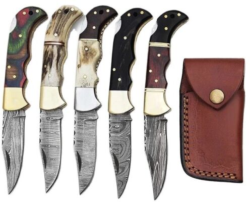 Lot of 5 PCS Damascus handmade Back Lock Folding Pocket knife camping Hunting - Picture 5 of 6