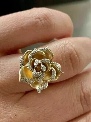 Test Pass Moissanite Women Flower Fancy ring 14k Yellow Gold Plated 1.5Ct Round