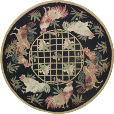 Round Needlepoint 6x6 Black Country Rustic Modern Setting Rug PIX-20652