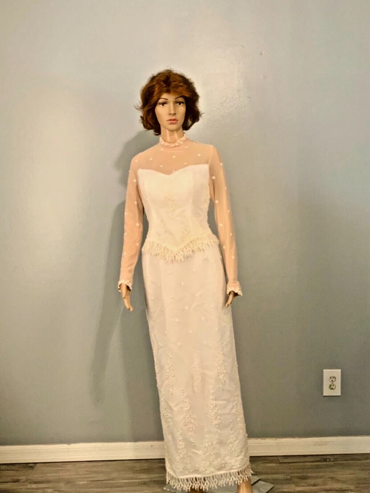 Vestido de novia para mujer manga larga satinado/tul superpuesto talla US0-2 Foto 2 de 4