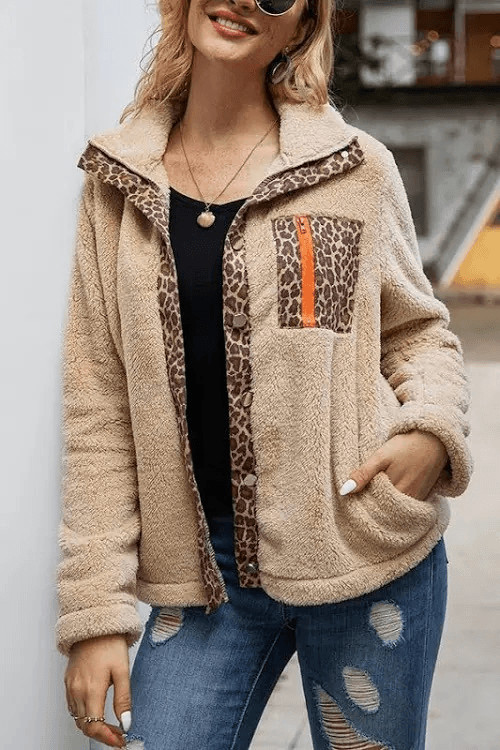 Warm Leopard Patchwork Zipper Pocket Button Front… - image 1