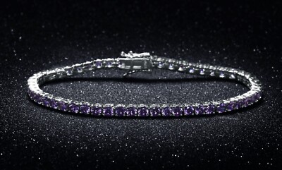 18k White Gold Plated Amethyst Cubic Zirconia 4mm Round Cut Tennis Bracelet-7.5''