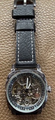Longlux Automatic Mechanical Skeleton Watch With Black Leather Strap.