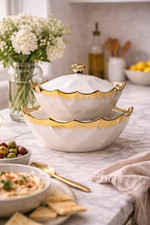 Set of 2 Gold Ceramic Serving Bowls Elegant Dining Kitchen Tableware Dish Set