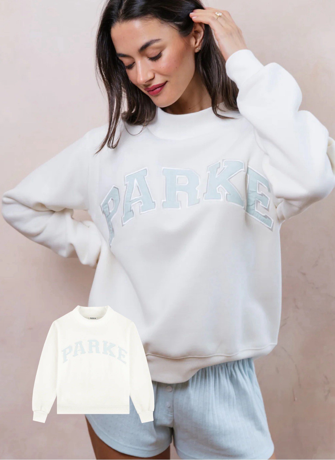 PARKE - Bridal Varsity Mockneck - Pearl + Pale Blue - Honeymoon / L/XL