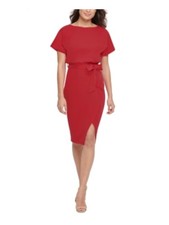 KENSIE Womens Red Tie Short Sleeve Knee Length Wear To Work Blouson Dress 4