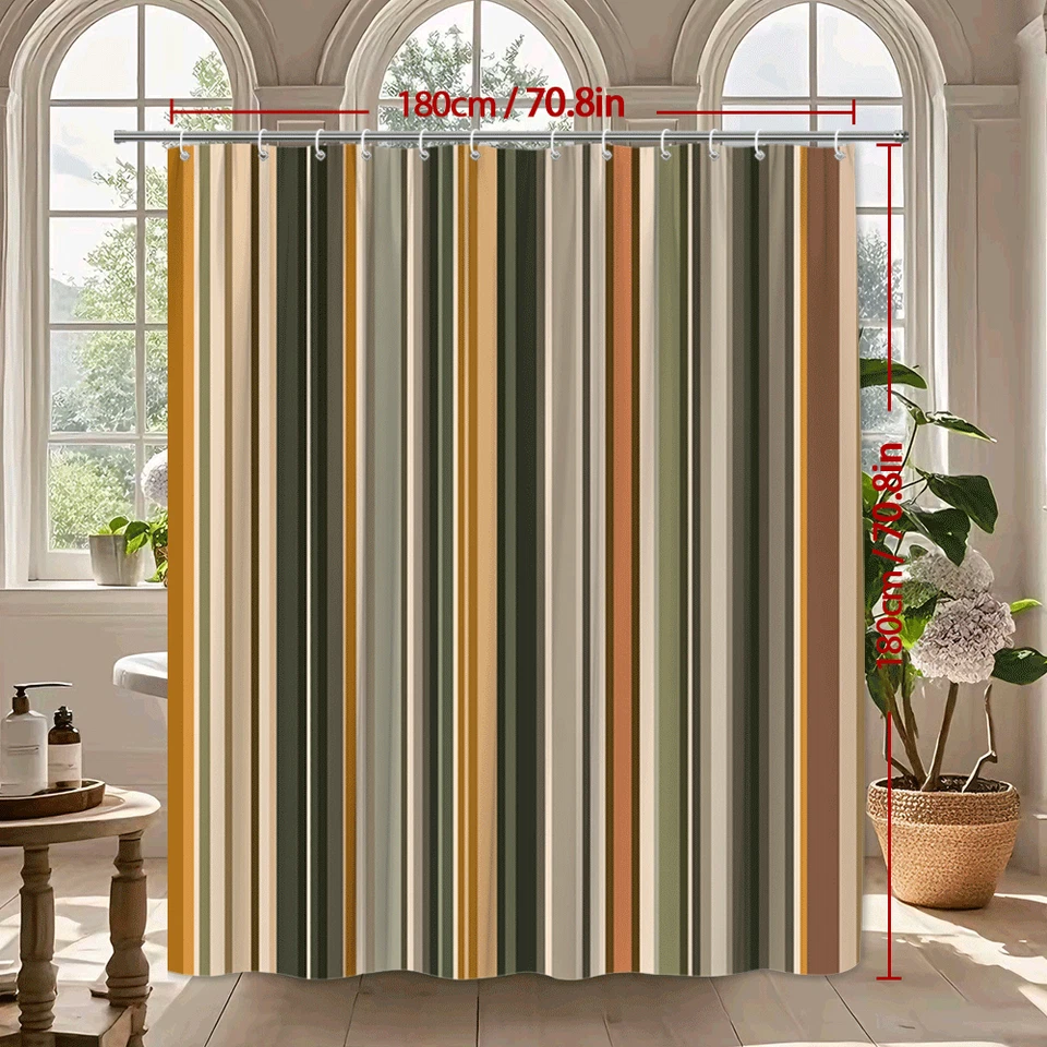 Cortina de Ducha Terrosa Rayas Verde Beige Marrón Moderna Decoración de Baño Foto 3 de 4