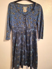 Mantaray Blue Floral Jersey Cotton Dress UK 12 Scoop Neck 3/4 Smocked
