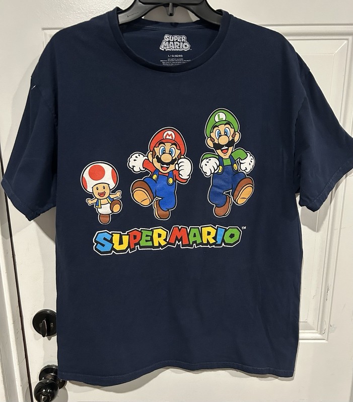 Super Mario Short Sleeve Navy Blue Graphic T-Shirt Size L Mario Luigi Toad