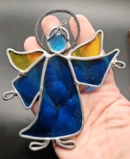 Vintage Stained Glass Angel Suncatcher Christmas Holiday Decor Blue Yellow