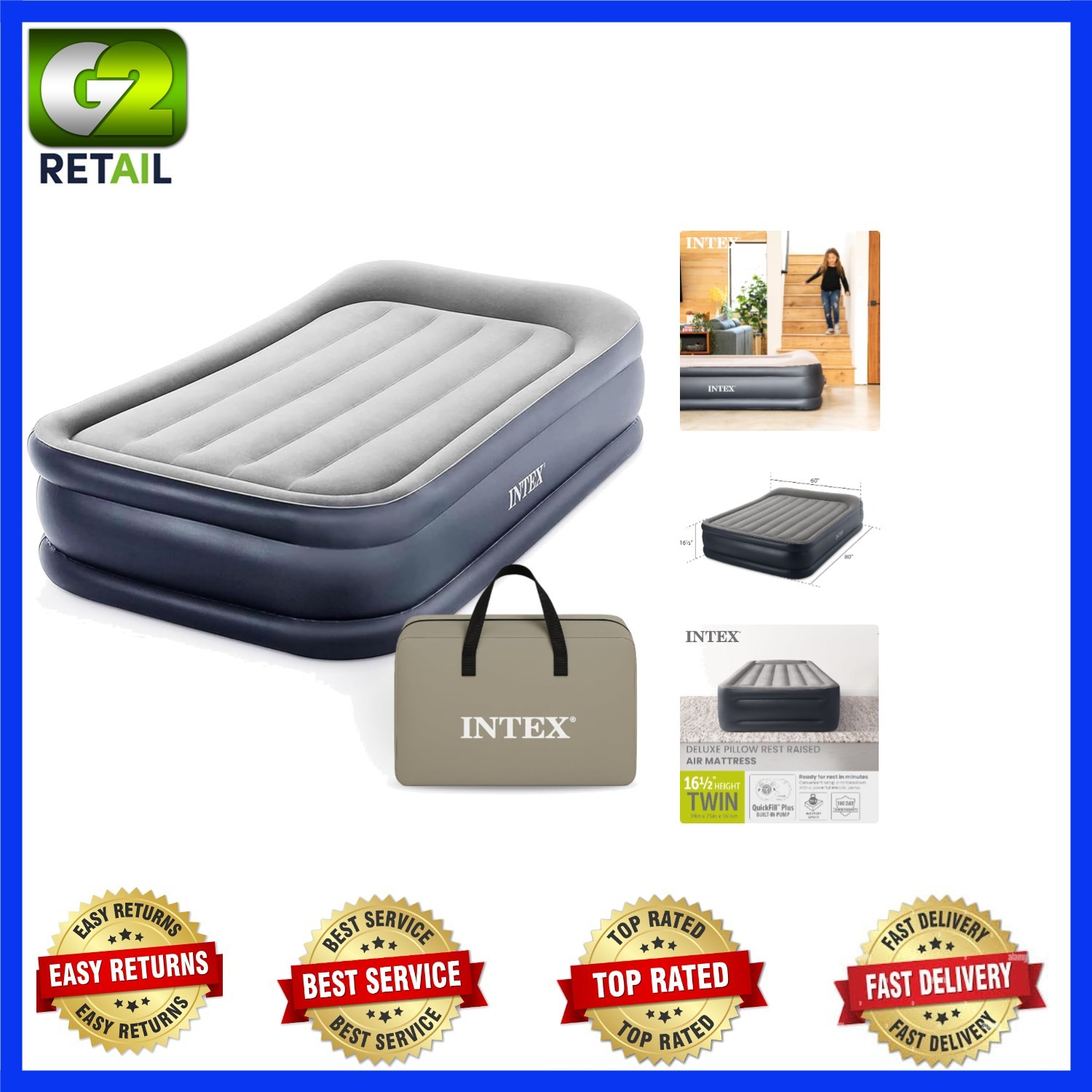 Intex Dura-Beam Twin Air Mattress Built-in Pump 16.5in Height
