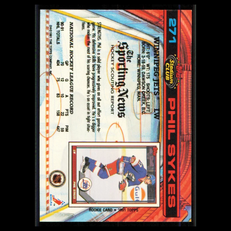 Phil Sykes #271 1991 Topps Stadium Club Winnipeg Jets Hockey Card NHL NM - Image 2 of 3