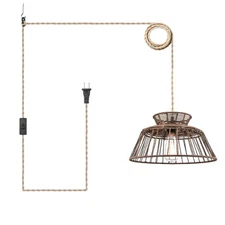 Plug in Pendant Light Fixture Rattan Hanging Lights with Plug in Cord Paper W...