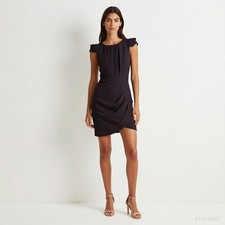 Cocktail Party Knee Length Dress Black Jersey Bodycon Cap Sleeve Stretch US 4