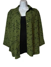 Elementz Shirt Womens L Green Leaf Print Long Sleeve Button Up Attached Tank
