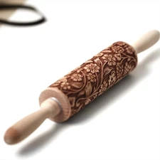 3D Embossing Rolling Pin Wooden Dough Roller Cookies Flower Pattern Baking Tool