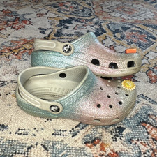Crocs Classic Glitter Color Fade Ombre Clog Unisex Kids US 1 Pink Blue Silver