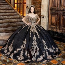 Black Quinceanera Dresses Spaghetti Strap Tassels Appliques Ball Gown Sweet 16