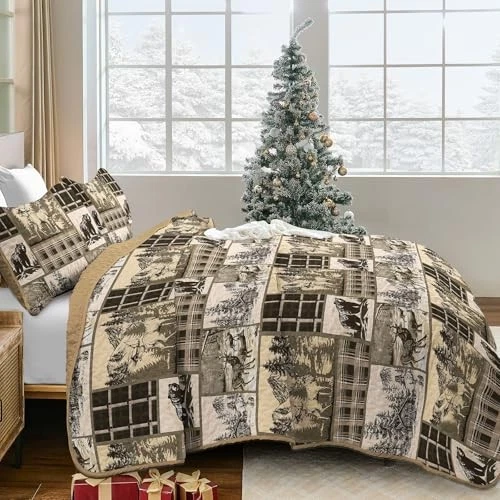 Juego de edredón rústico navideño de 3 piezas tamaño, retazos cabina king marrón retazos Foto 3 de 4