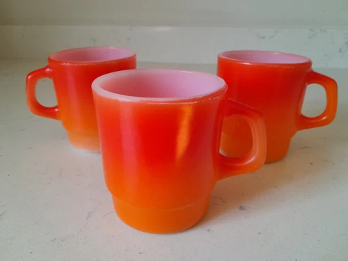 Vintage 3 Pc Orange Red Ombre Glass Fire King Coffee Mugs Anchor Hocking Ware