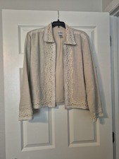 Chicos Linen Blend Metallic Embroidered Jacket Beige Soutache Size 1 SMALL
