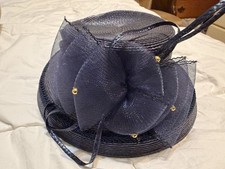 Navy Blue Straw Church/Dress Hat with Decorative Bow and Netting One Size