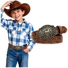 Kids Western Belt for Boys Girls Genuine Leather Cowboy Cowgirl Belts with De...