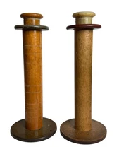 Vintage Set 2 Wooden Yarn Industrial Spools Primitive Decor Candle Holders