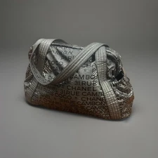 Auth CHANEL 31 RUE CAMBON Graphic Silver Nylon Tote Bag Purse Duffle Gym Bag