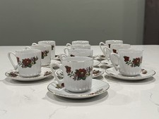 Vintage Red Floral Mini Demitasse Espresso Tea Cups Saucers Porcelain Set of 10