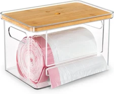 Stackable Trash Bag Dispenser with Wooden Top for Large Rolls – Extra-Large Garb