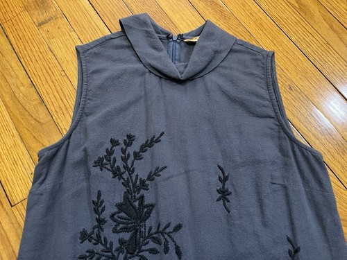 April Cornell Gray Sleeveless Dress w/Black Embroidered Floral Pattern Women's L - Picture 2 of 12