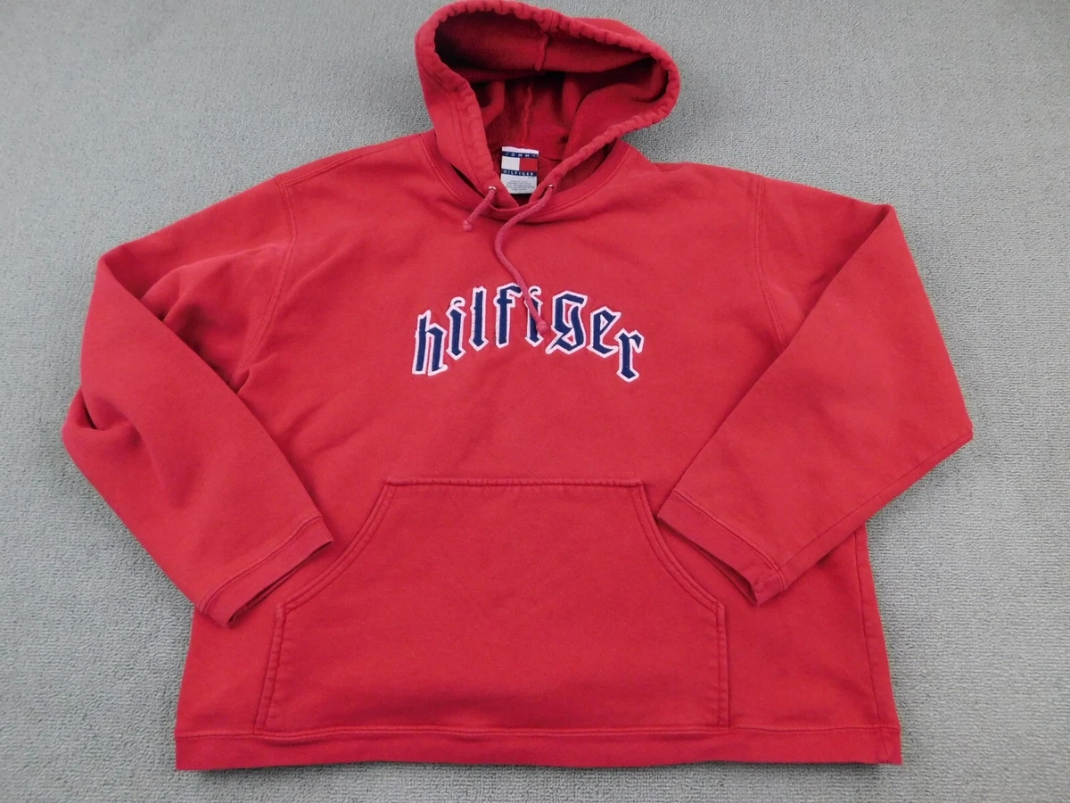 Vintage Tommy Hilfiger Hoodie Women XL Red Solid Script Spell Out Pullover USA