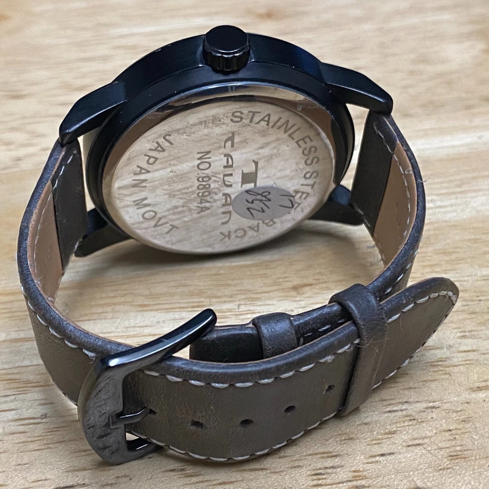 Reloj de cuarzo analógico TAVAN para hombre caja negra banda marrón movimiento Japón ~ batería nueva Foto 4 de 4