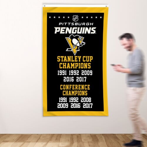 Bannière hockey des Penguins de Pittsburgh 3 x 5 pieds LNH Coupe Stanley Champions drapeau - Photo 1 sur 12