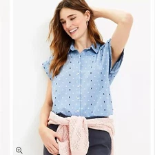 Loft Women's Clip Chambray Dolman Everyday Button Up Shirt Sz. Small Swiss Dots