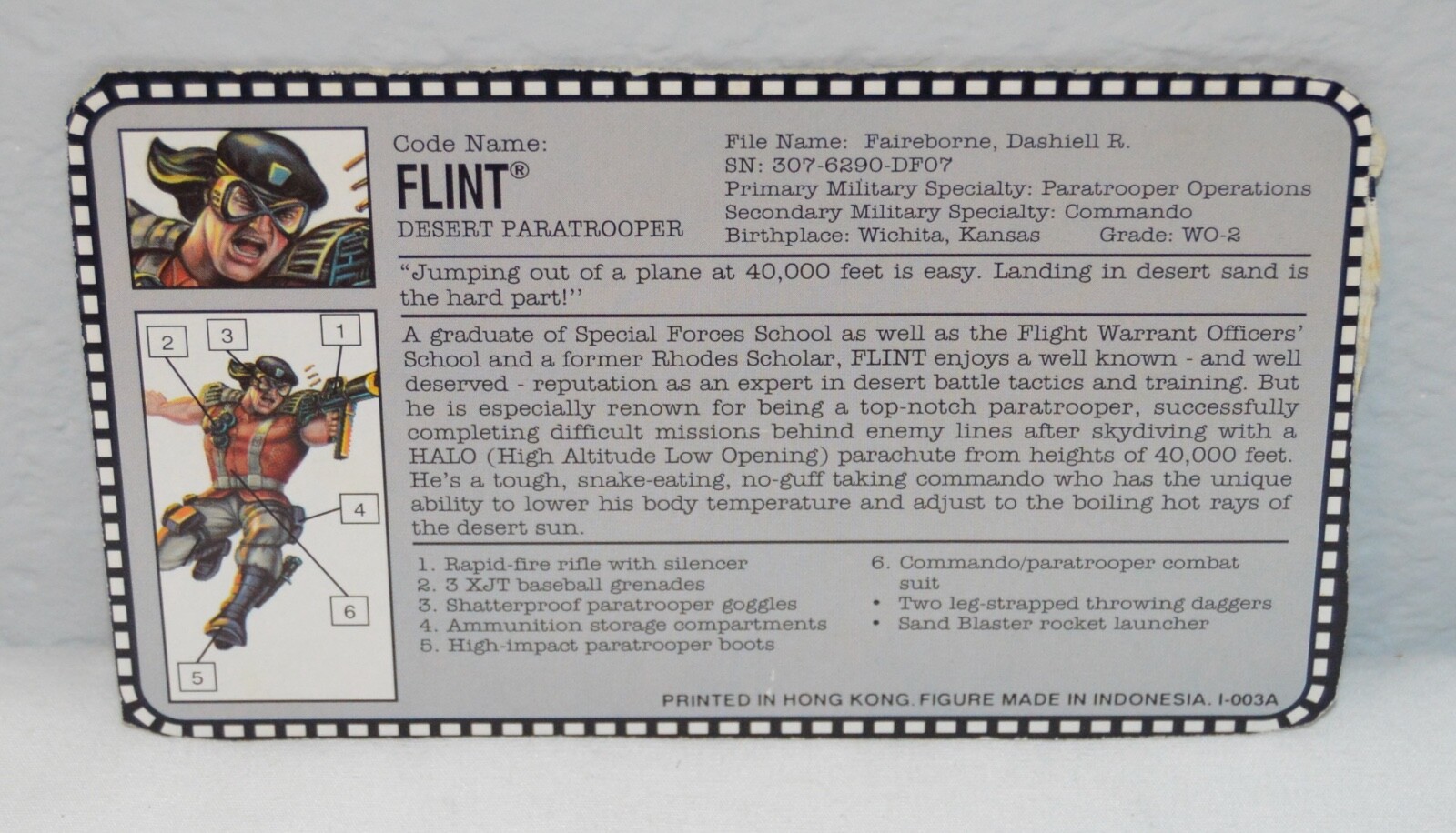 1994 Vintage GI Joe Flint Action Figure File Card  