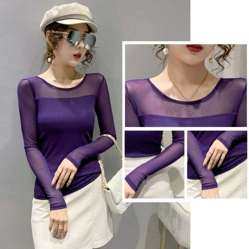 Damen Netz Spleißen Shirt durchsichtig Langarm schmale Basis T-Shirt Tops Unterteil Bluse - Bild 4 von 28