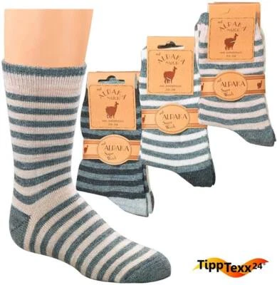 6 Paar Kuschel Kinder Socken Alpakawolle Ringel Naturtöne mit Antiloch-Garantie
