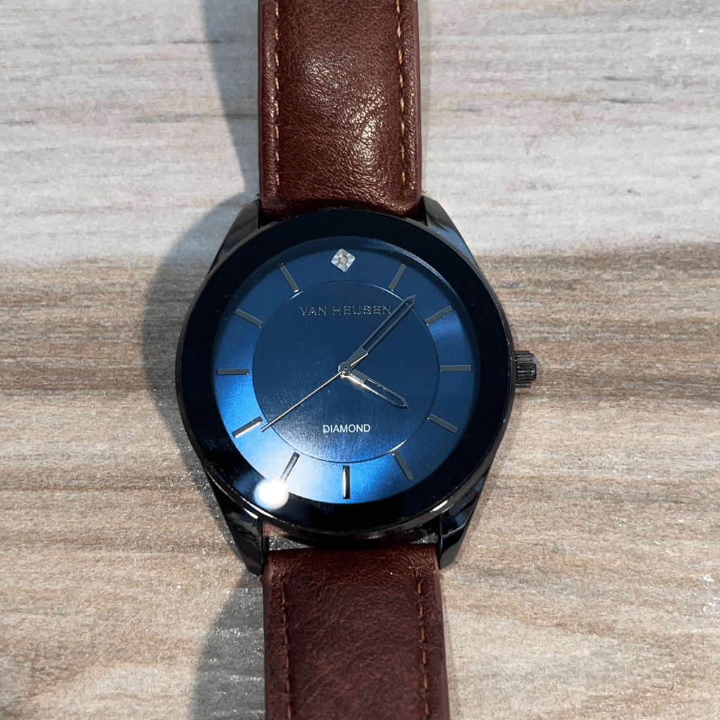 Van Heusen Watch Genuine Diamond Brown Strap Blue Face Watch new battery  works