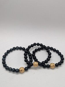 Authentic 3 Black Tourmaline & Hawks Eye Round Beaded Gold Plated Buddha Stretch Bracelets
