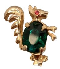 Vintage Gold Tone Green  Red Jelly Belly Rhinestone Squirrel Pin Brooch