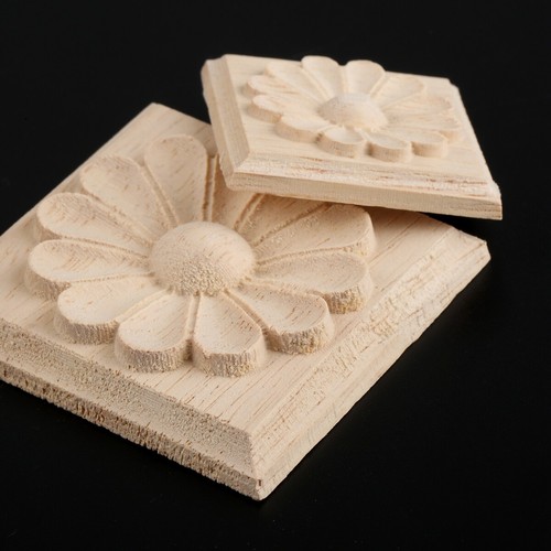 Wooden Carved Appliques Onlays Unpainted Solid Wood Square Carvings Decals Decor - Picture 7 of 12